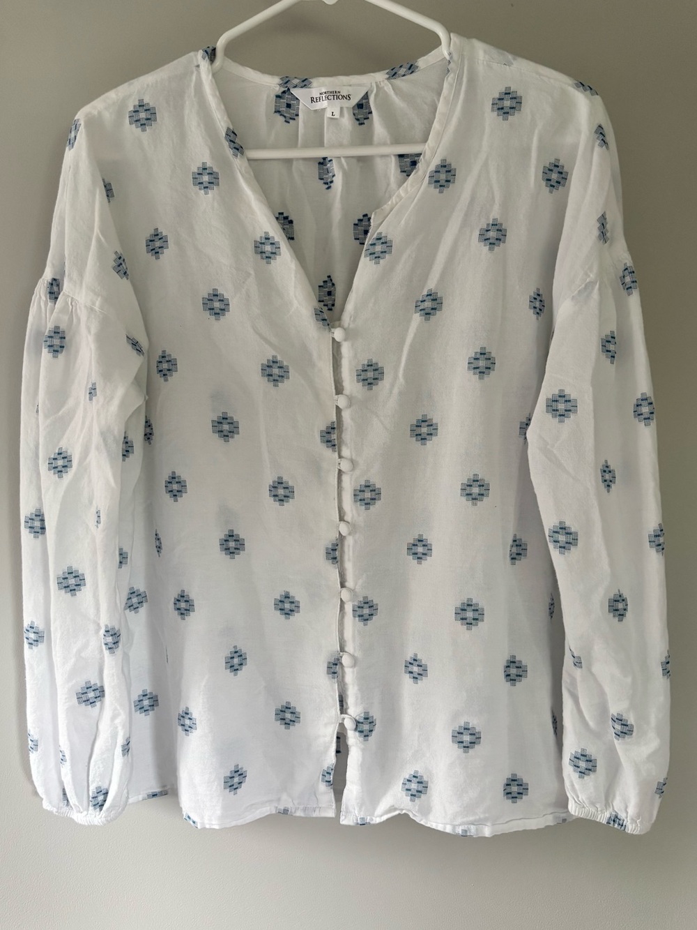Northern Reflections Cotton Button-Front Blouse with Blue Geo Print